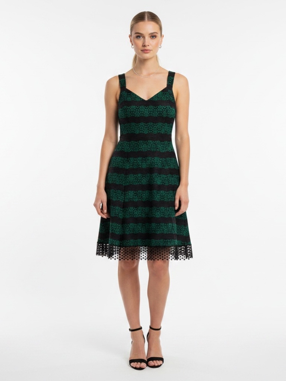 Donna Ricco Forest Green and Black Floral Striped Lace Midi Dress